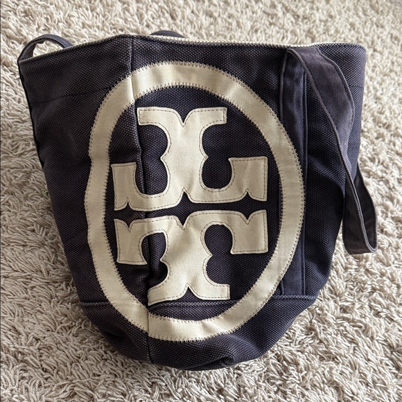 Tory Burch Navy and Cream Tote Bag Beach Bag Canvas - Picture 2 of 5